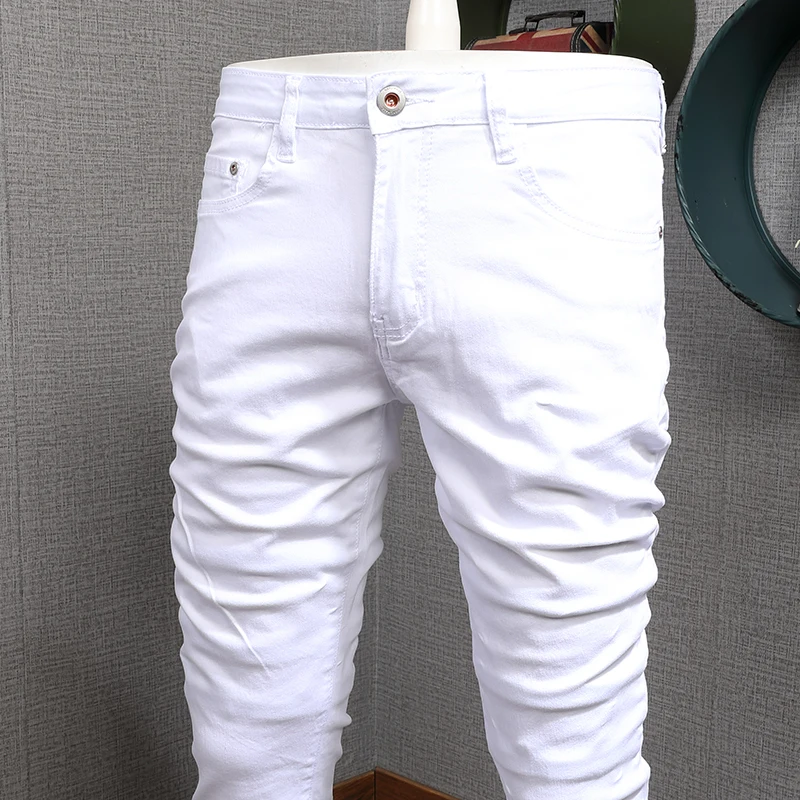 Summer Men Thin White Jeans Men Fashion Pocket Embroidery Slim Fit Straight Pants Casual Cotton Denim Trousers