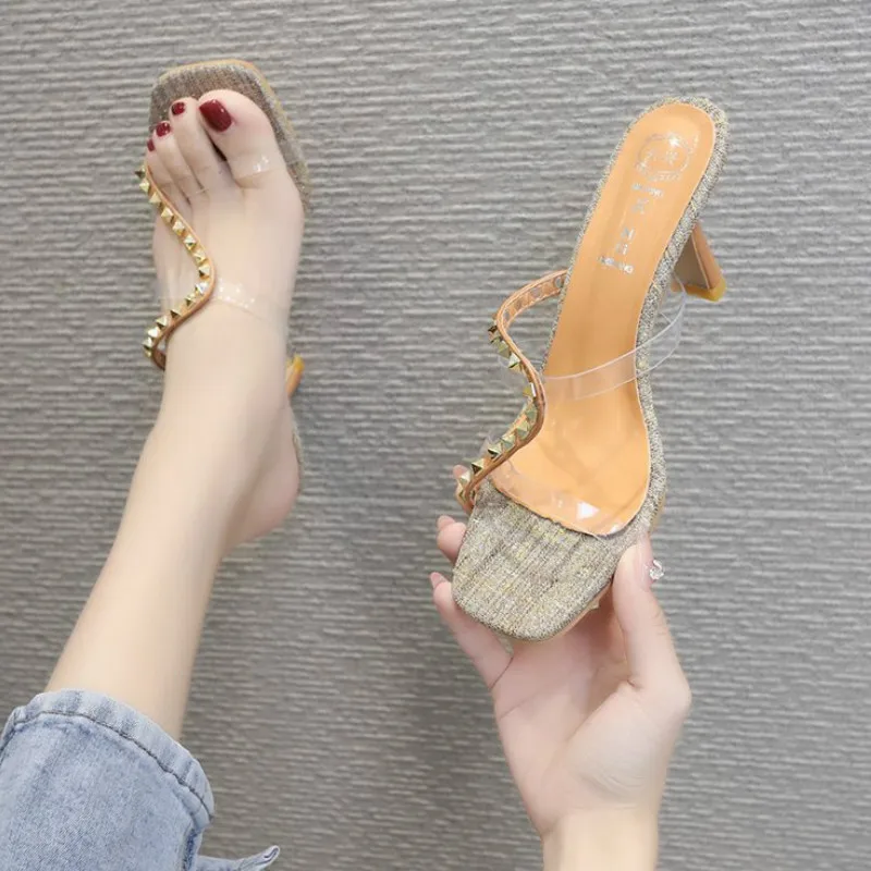 Summer New Sandals Fashion 2020 Rivet Transparent High Heel Slippers Outside Thin Heels Med (3cm-5cm) High Quality Mixed Colors
