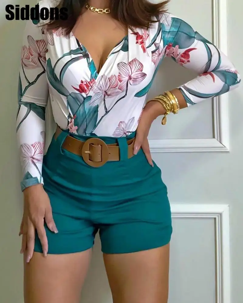 

Women Floral Print Long Sleeve V Neck Top & Shorts Set Casual 2 Piece Set woman skirts skirt suit plaid skirt