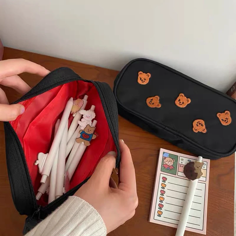 Чехол для карандашей Kawaii Bear в Корейском стиле с вышивкой холщовая Большая