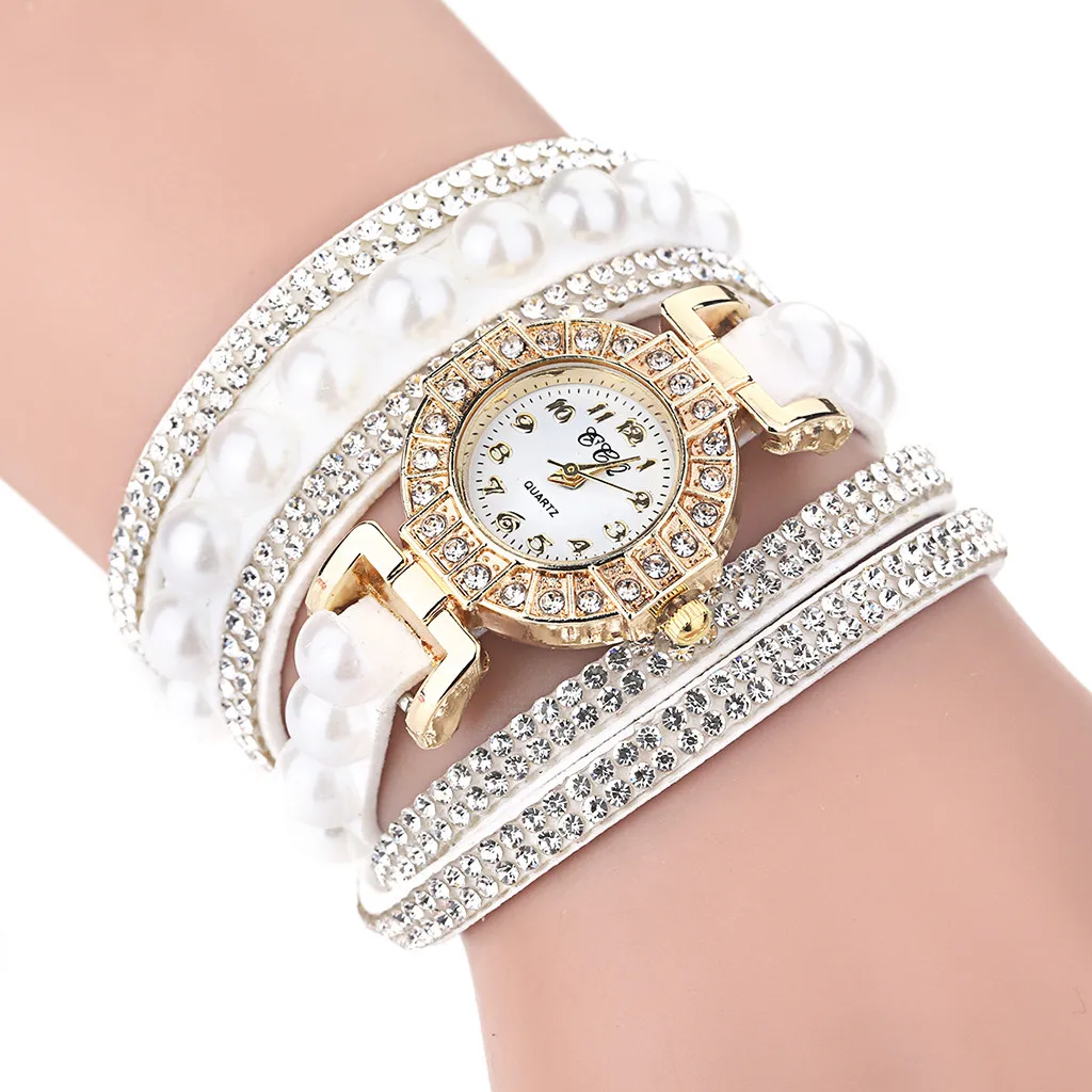 Винтажные женские блестящие часы с жемчугом повседневные браслетом модные