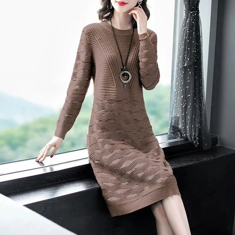 

Women Casual Bottom Sweater Dress 2021 New Turtleneck Long Sleeve Slim Pattern Knee-length Clothes For Office Lady High Quality