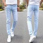 Мужские эластичные прямые джинсы, небесно-голубые, зауженные, облегающие мужские джинсы