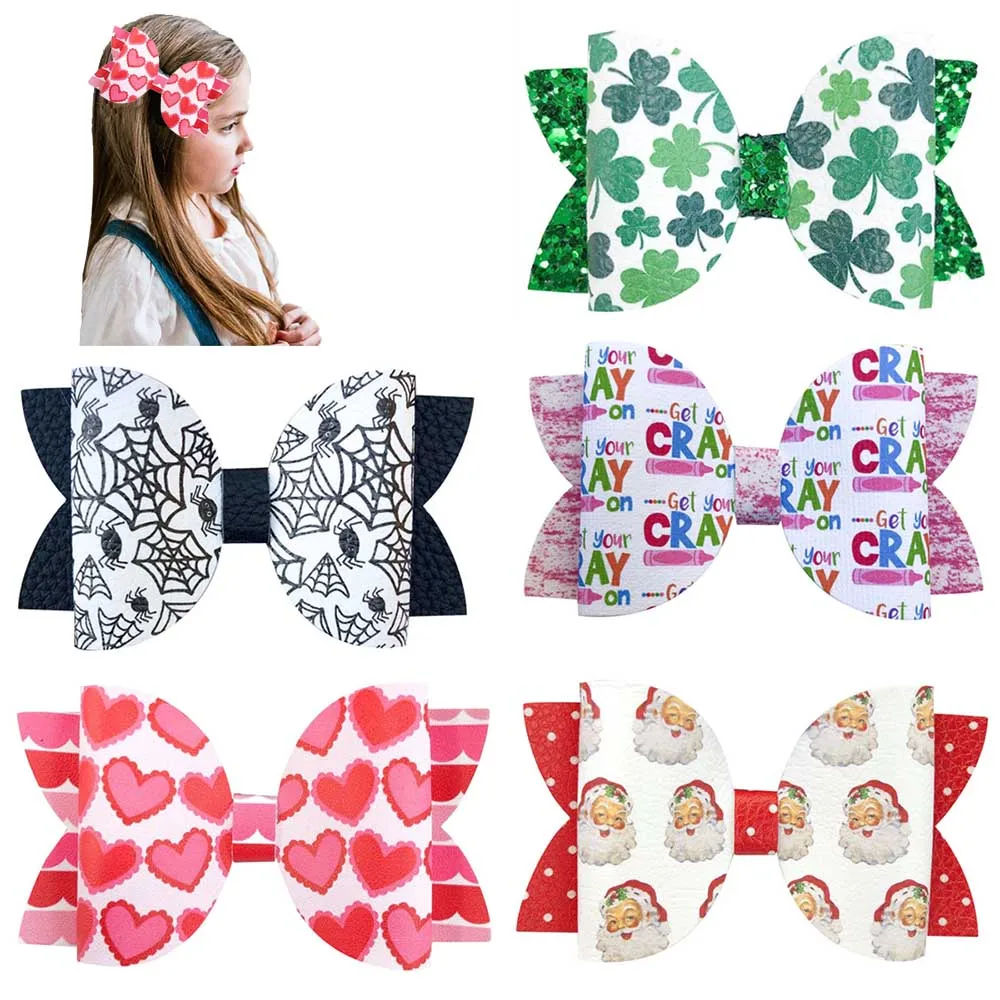 

free shipping 5pcs 3.5'' Glitter hair bows fruit flower holiday glitter leather hair clips