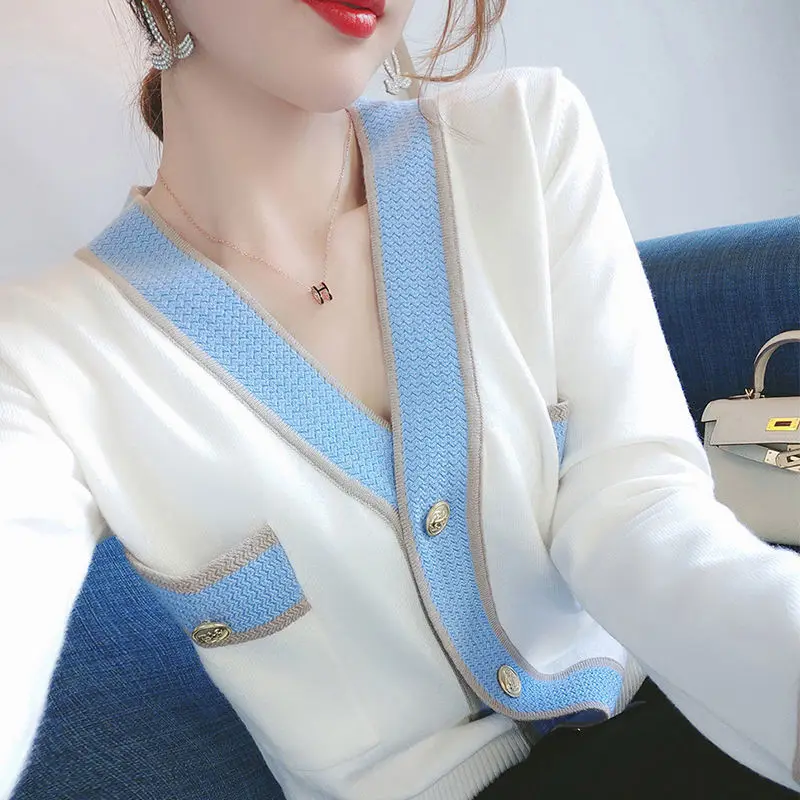 

Женский вязаный кардиган с рисунком ромбиками, однобортный свитер с V-образным вырезом и металлическими пуговицами, теплый весенне-осенний ...