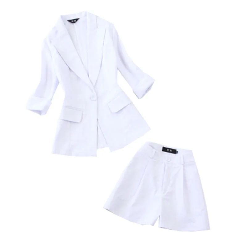 Костюм женский льняной тонкий пиджак с поясом и Шорты модный элегантный костюм