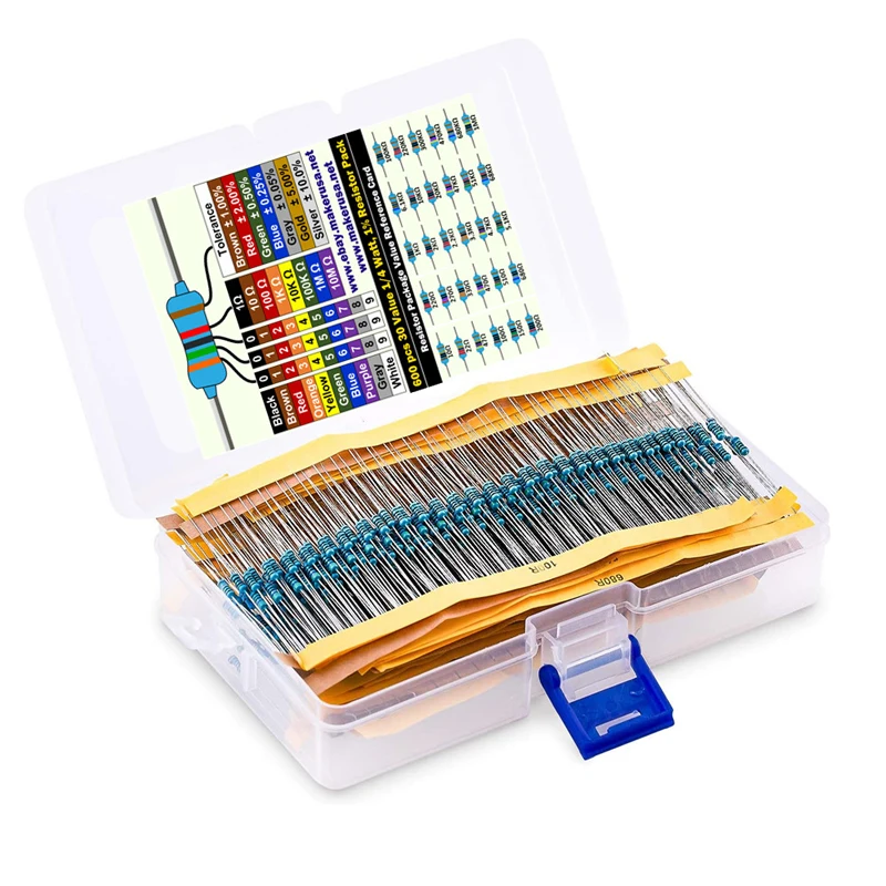 

600pcs/lot 1/4W Metal Film Resistor Kit 1% Assorted 0.25W 10-1M Values Ohm Pack Electrical Assortment Resistors