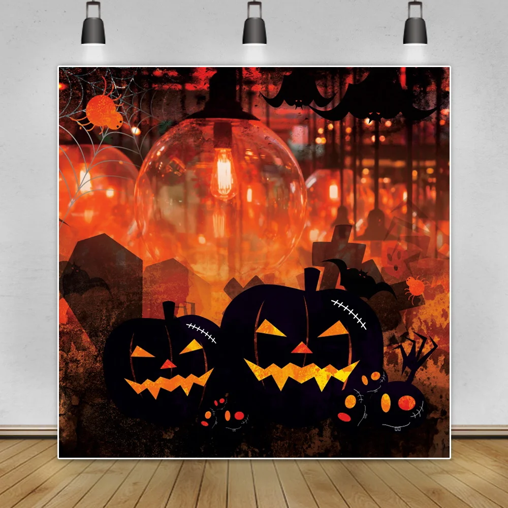 

Laeacco Photo Backdrop Happy Halloween Party Bulb Evil Pumpkin Customized Banner Pattern Photography Background For Photo Studio