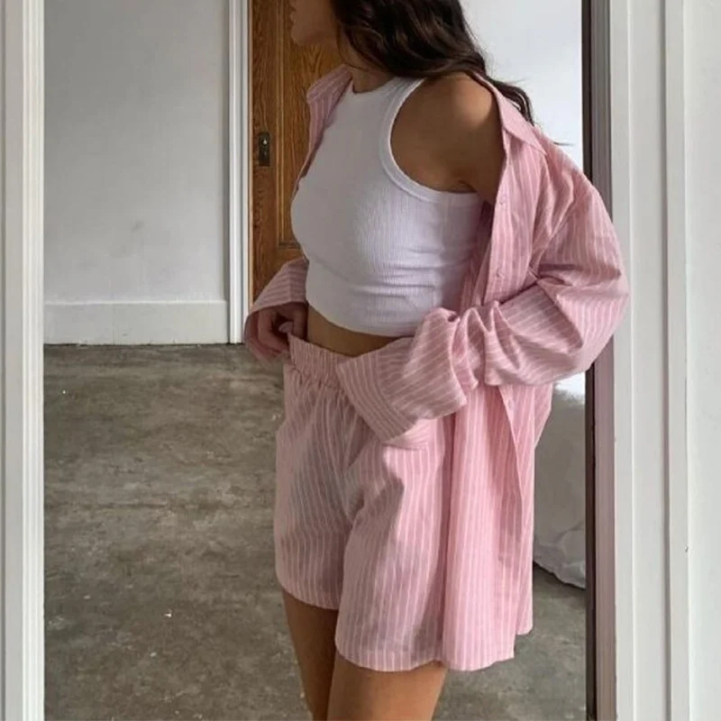 

Blue Striped Long Sleeve Shorts Women Sets Single-Breasted Shirt High Waist Loose Pants Female 2 Pieces Set 2021 Summer Casual