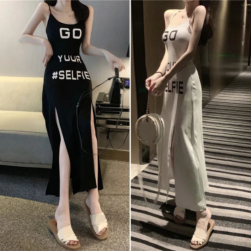 

Women 2020 New Arrival All-match Sexy Wild Split Print Sleeveless Waist Strap Dress Vestido Clothing