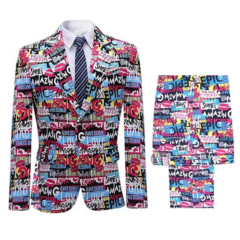 Костюм мужской с цветным принтом пиджак и брюки одной пряжкой|Костюмы| |