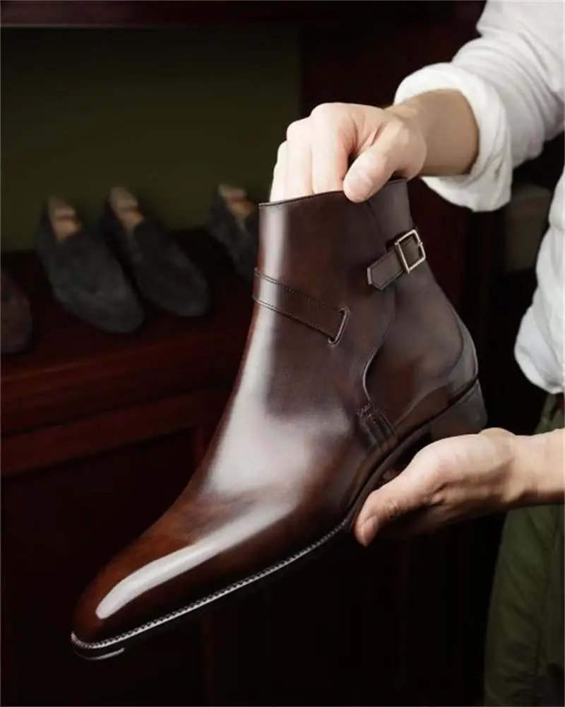 

Men's Handmade PU Brown Classic Low Heel Pointed Belt Buckle High Quality Business Casual All-match Ankle Boots 9KL024