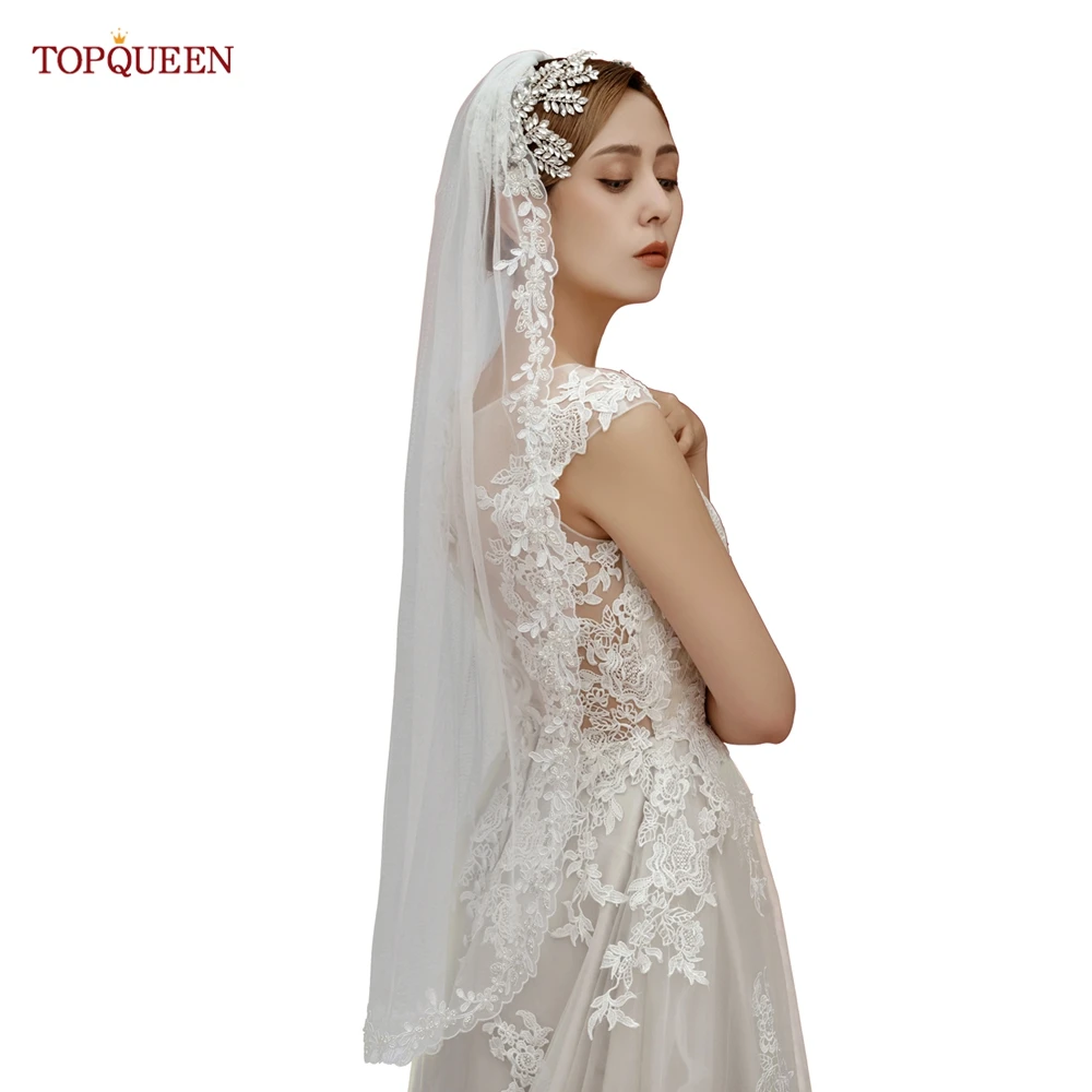 TOPQUEEN V51 Lace Embroidery Edge Face Veil 1.2 M Fingertip Veil 1 Layer White Ivory Wedding Veil with Comb Bridal Accessories  - buy with discount