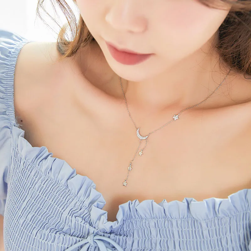 

JIAN S925 Zircon Tassel Necklace Bohemian Crystal Moon Star Korean Choker for Women Fashion Jewelry Chain Girls Birthday Gifts