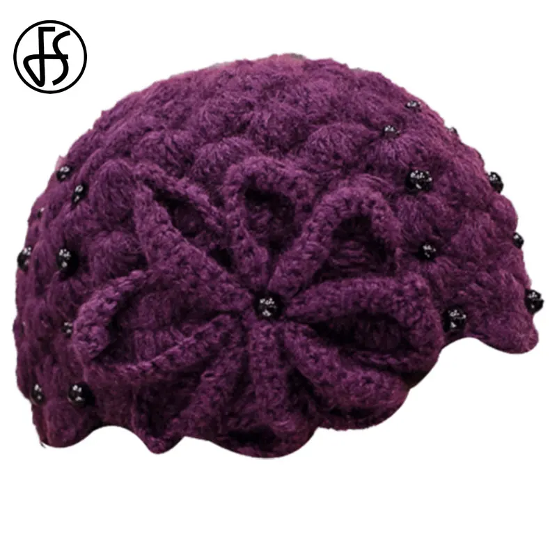 Женская Вязаная Шапка-бини FS Белая теплая шапка фиолетового цвета с цветами и
