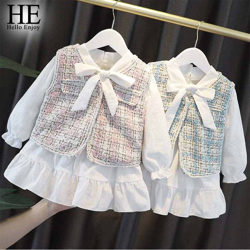 

HE Hello Enjoy Baby Girls Clothing Set Classic Plaid Lace Dress With Vest Two Pcs Kids Spring Autumn Elegant Suits Child Vestido