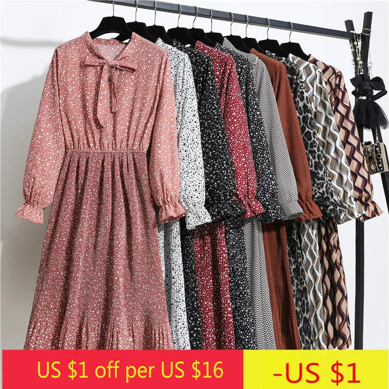 Плиссированное Платье с длинным рукавом и цветочным принтом весеннее Новое