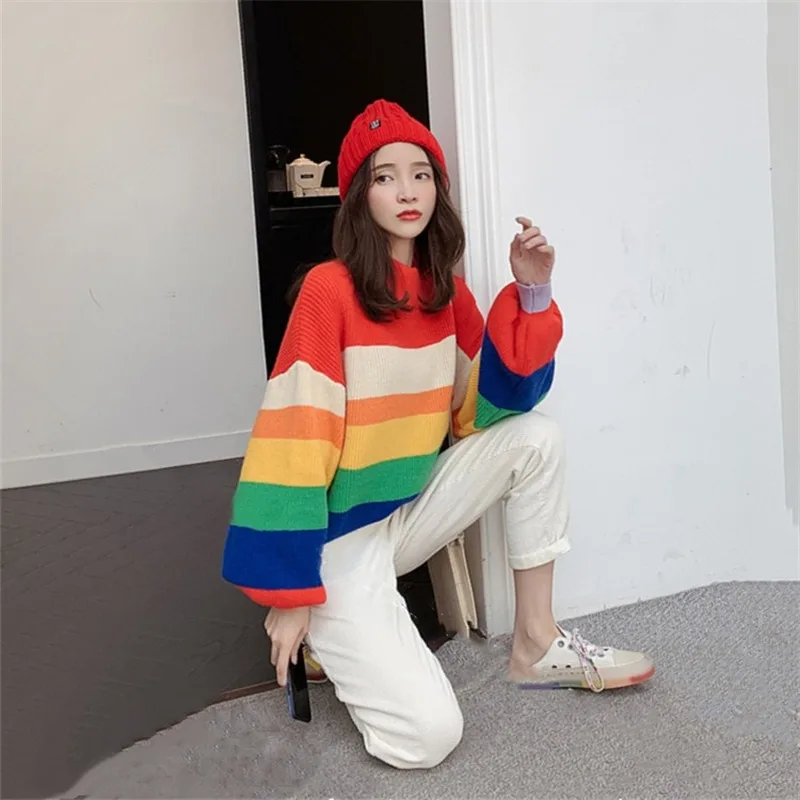 Harajuku Streetwear 2019 Autumn Rainbow Puff Sleeve Sweater Women Loose Knitting Pullovers Ladies Vintage Jumper Sueter Mujer | Женская