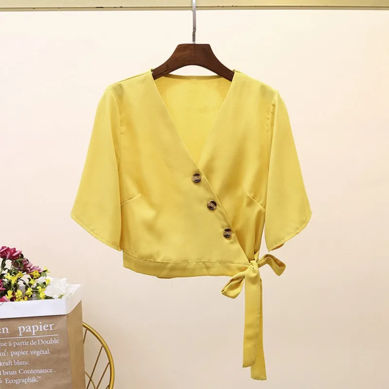 

Women tops and blouses Summer V-Neck Bow Tie Middle Sleeve Chiffon Blouse Loose Casual Top