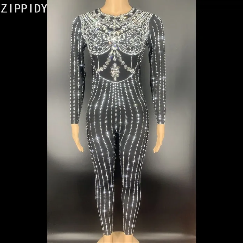 Блестящий черный комбинезон из спандекса с серебряными кристаллами одежда для