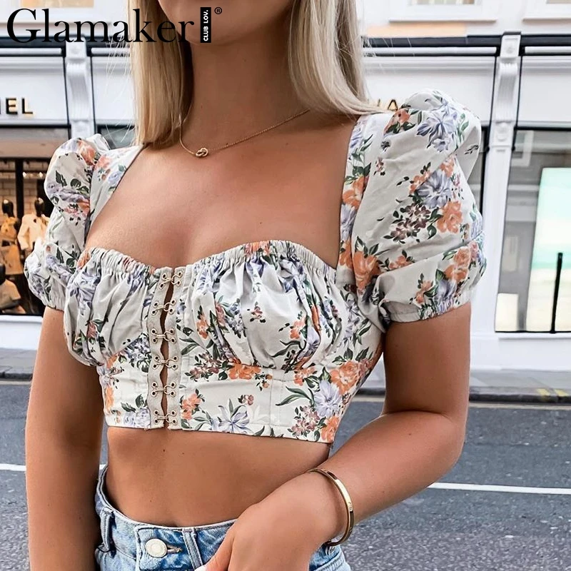 Женский укороченный топ с квадратным вырезом и рукавами фонариками|Майки| |