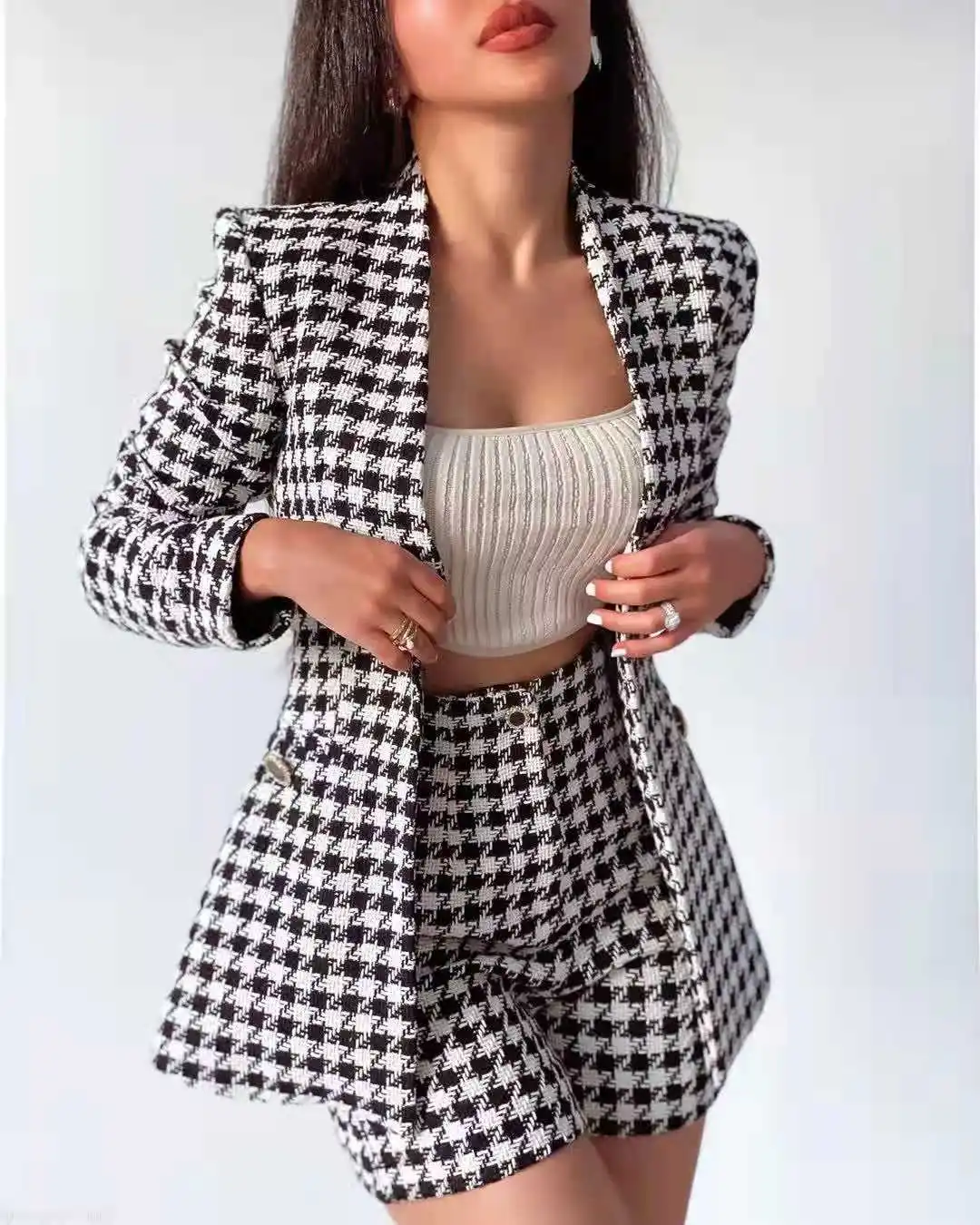 Xikom-Conjunto de dos piezas de Tweed para mujer, chaqueta ajustada de manga larga con cuello de pico Vintage, abrigo de cintura alta, pantalones cortos, 2021