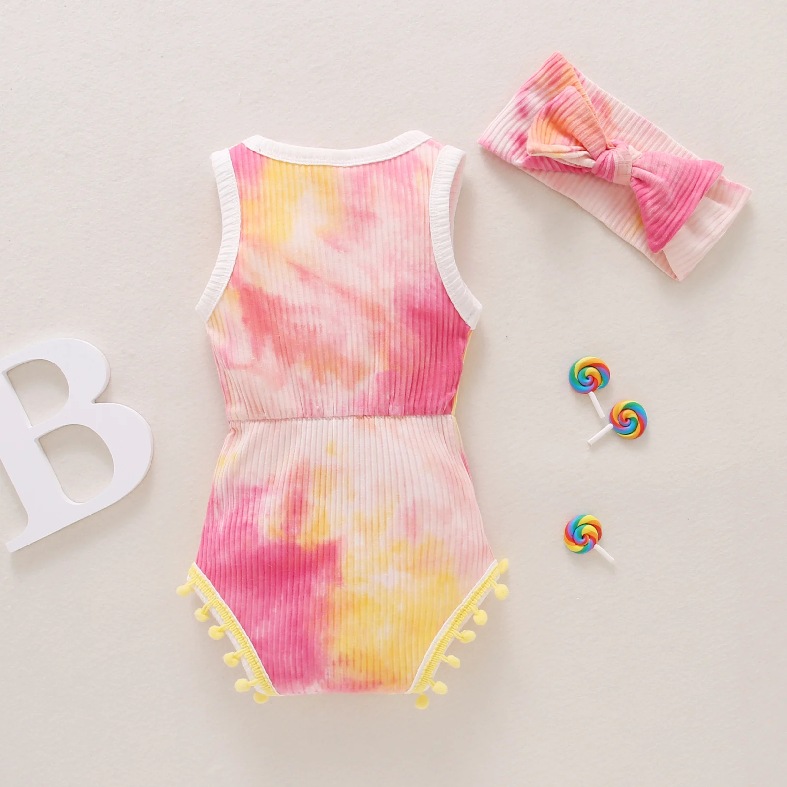 Детский комбинезон без рукавов + повязка на голову с бантом и бахромой украшение