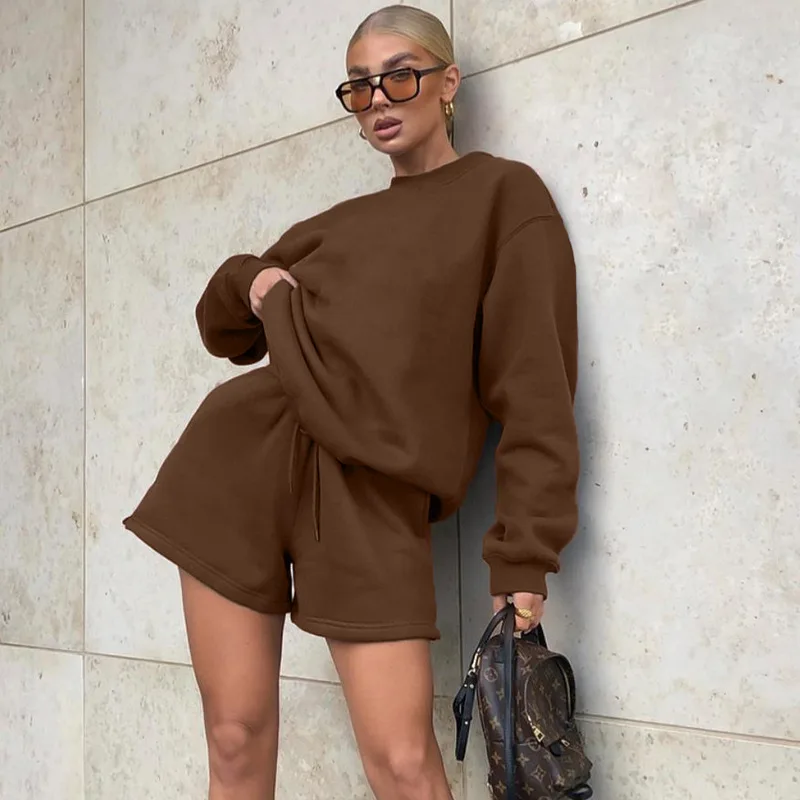 

Casual Women Shorts Set Tracksuits Oversize Pullover Sweatshirts Cotton Autumn Two Piece Set Solid 2021 Basic 2 Pieces