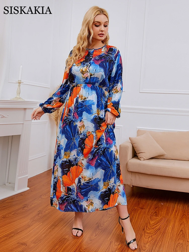 

Siskakia Viscose Cotton Long Sleeve Maxi Dress for Women Summer 2021 Holiday Casual Plus Size Arabic Middle East Clothes 3XL 4XL