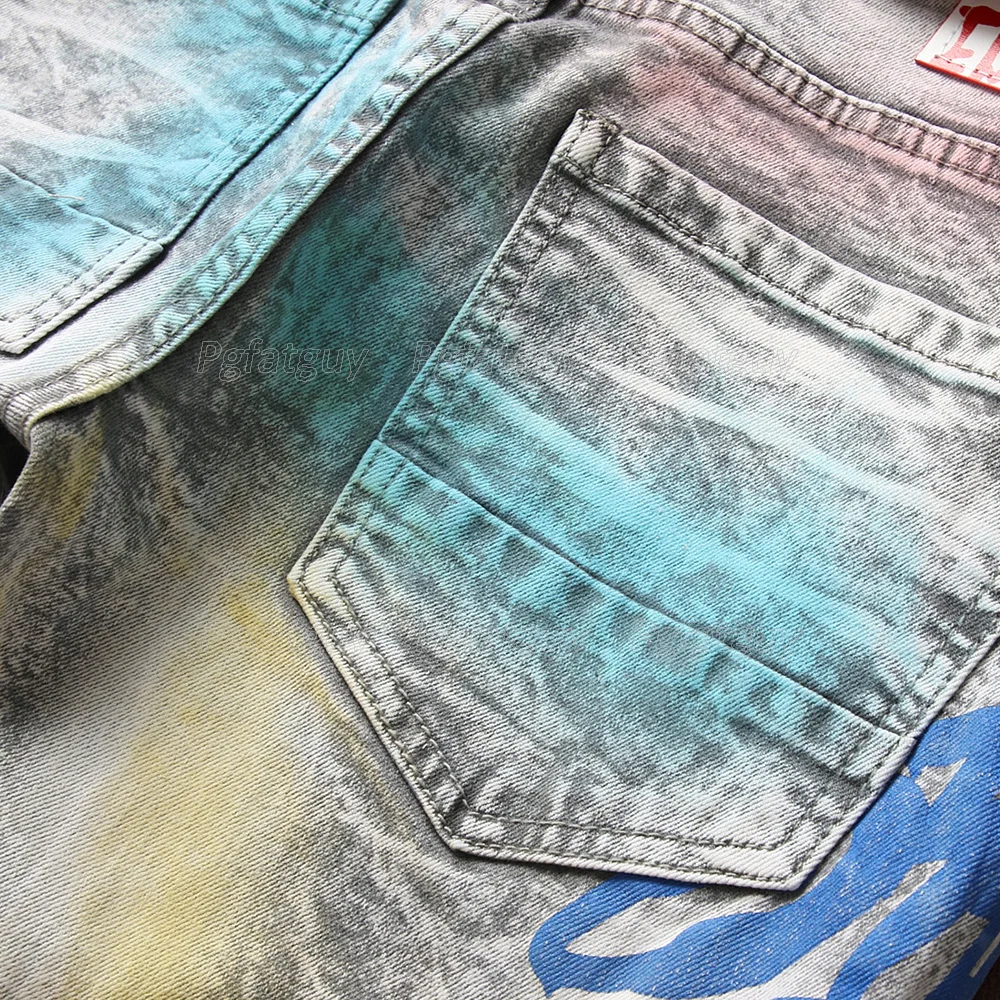 

New Small Straight Barrel Splash Ink Colorful Printing Men's Jeans Slim Micro Stretch Trendy Denim Pants Pantalons Pour Hommes