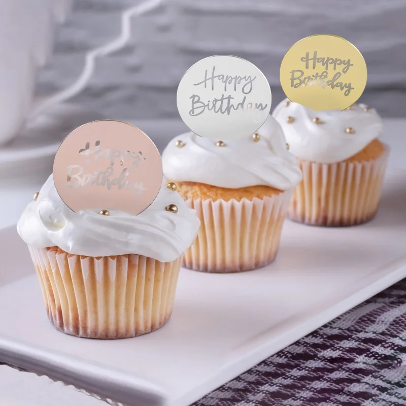 

5pcs Rose Gold Silver Circle Mirror Cake Topper Acrylic Happy Birthday Cupcake Insert Card For Birthday Party Dessert Decoration