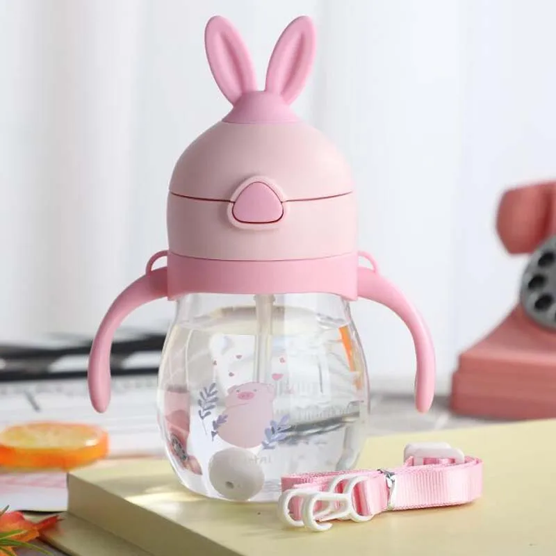 Pink DX Rabbit 320 мл милый кролик детская чашка для кормления с соломинкой дети учатся Кормление Питьевая бутылка с ручкой детская тренировочная чашка - Цвет: Pink DX Rabbit