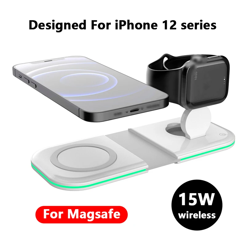 2in1 Magnetic Foldable Duo charge For iPhone 12 12Pro 12ProMax 12Mini 15W Fast Wireless charging For Magsafe Apple Watch Charger