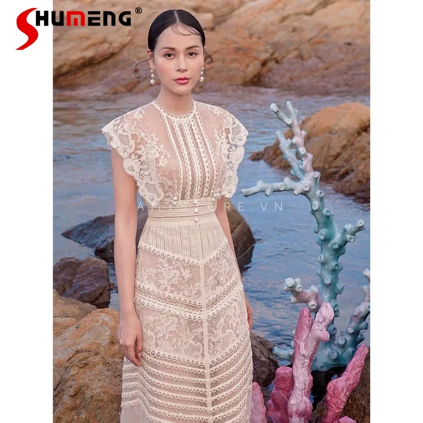 2022 Summer New Woman Leisure Lace Short Sleeve Midi Dresses for Women Retro Sexy O Neck High Waisted Dress Women Clothes