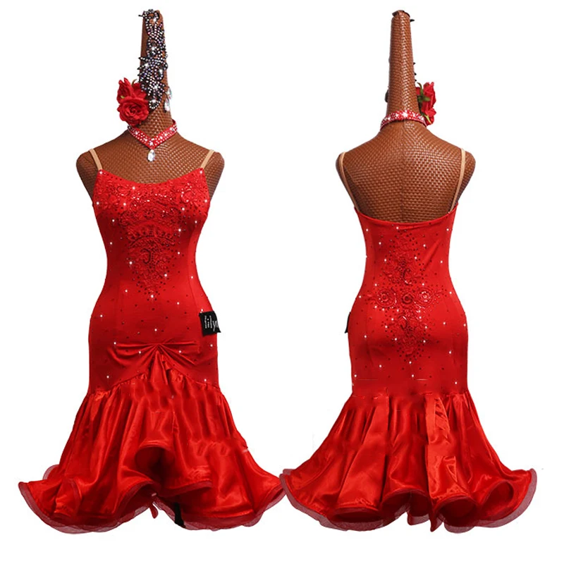 

Latin Dance Dress Women Red Dress Club Performance Dress Stage Costume Sexy Sleeveless Dance Clothes Competition Dancewear 3355