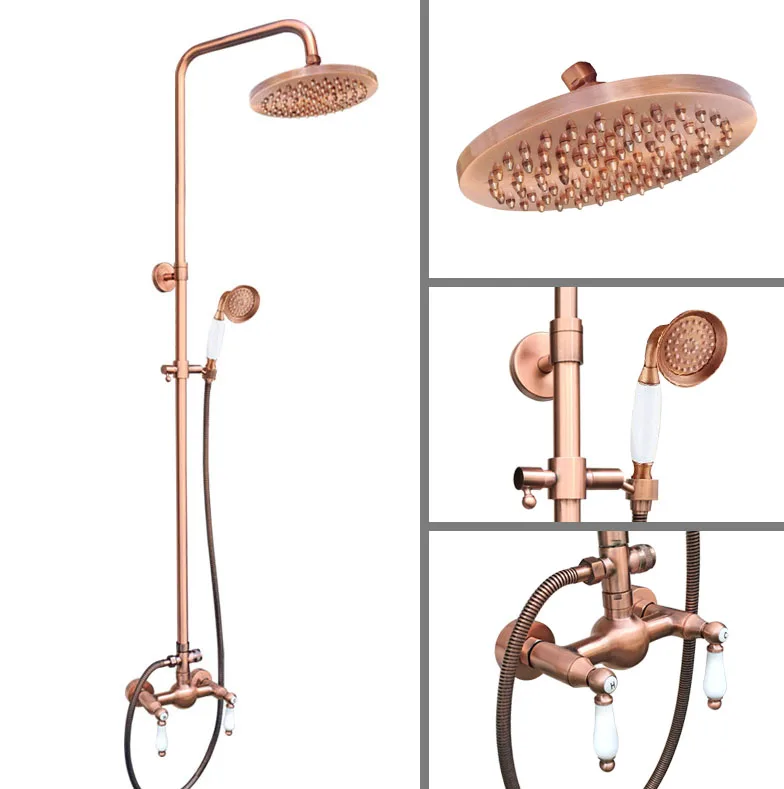 

Antique Red Copper Wall Mounted Bathroom Rainfall Handheld Shower Faucet Set Double Handle Mixer Tap Drg586