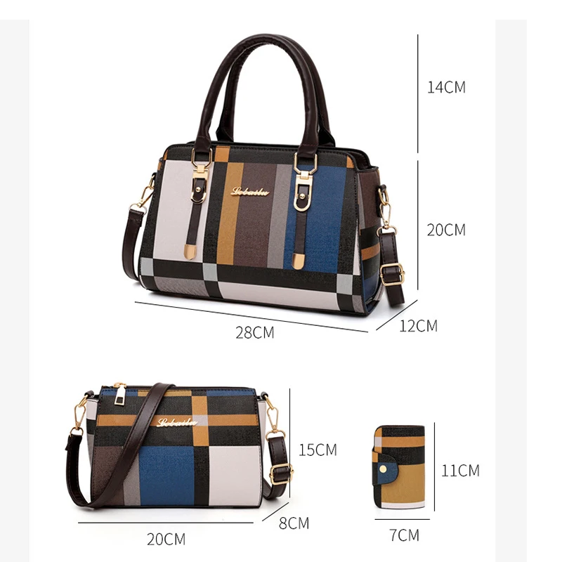 

Contrast Color Lattice Handle Bag Women PU Leather Shoulder Bag Large Capacity Pendant Handbag Fashion Lady Pouch 3pcs/Lot