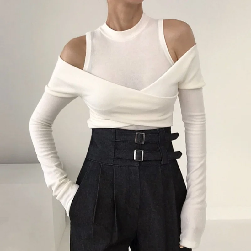 

Korean Chic Minority Temperament Round Neck Off Shoulder Cross Splicing Design Slim Long Sleeve Bottomed Shirt Women's T-shirt