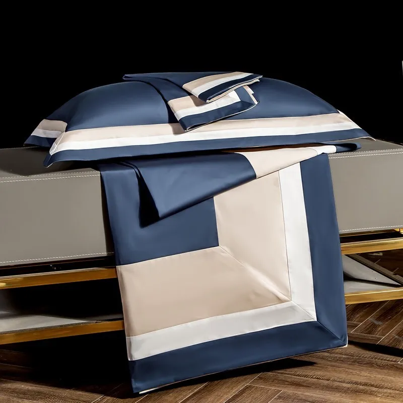 

1000TC Egyptian Cotton Patchwork Stripe Navy Duvet Cover Queen King 4pcs Luxury Soft Bedding Bed Sheet Comforter Bedding Sets