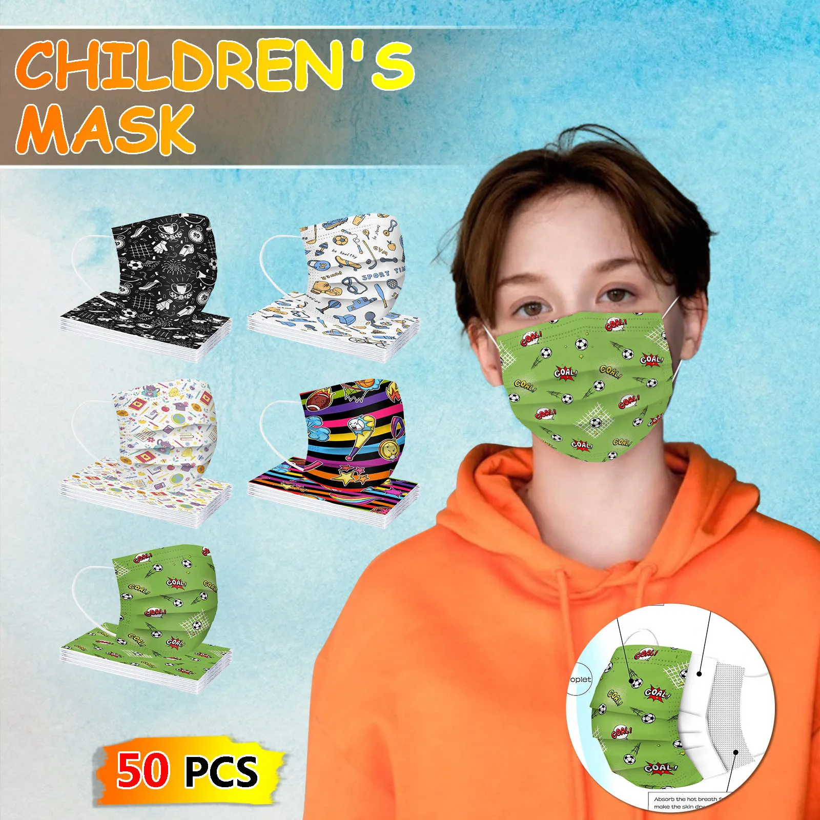 

50Pcs Children's Halloween Cosplay Mask Disposable Face Mask 3Ply Ear Loop Face Mask Fashion Masque Enfant