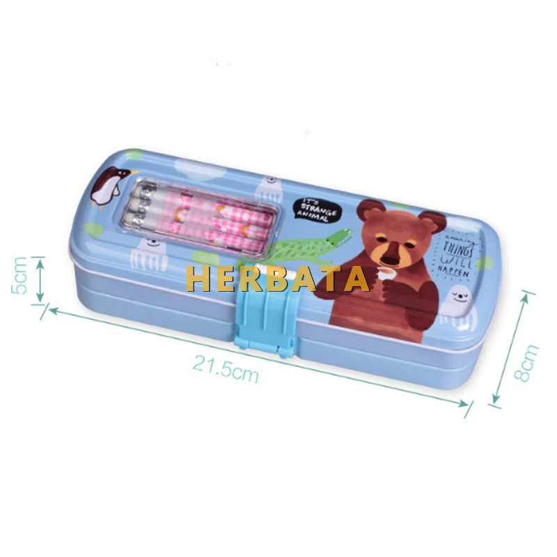 Пенал с мультяшным медведем и застежкой трехслойная жестяная коробка большой