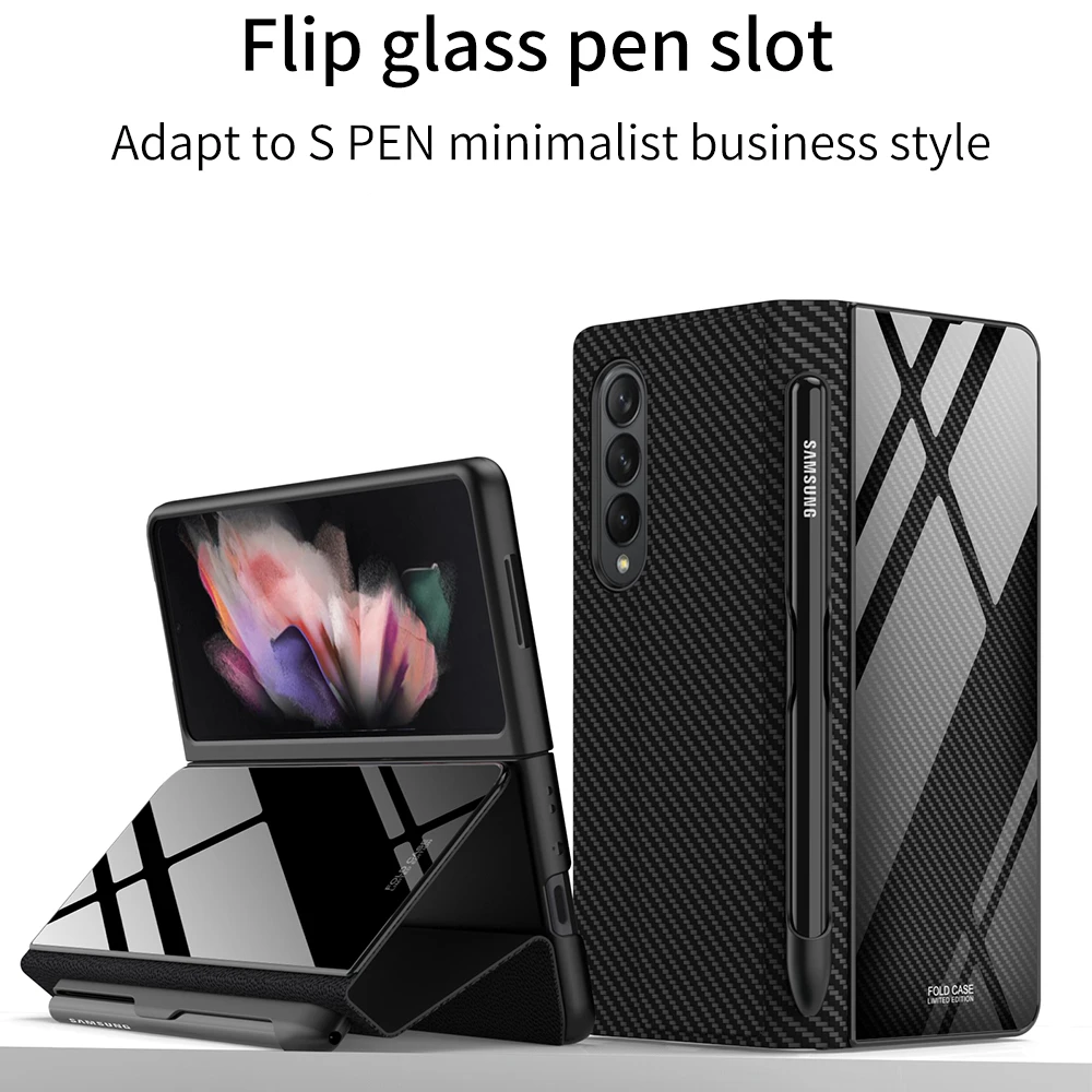 

Flip leather Case For Samsung Galaxy Z Fold 3 5G Case 3 in 1 S Pen Slot Glass Leather Cover For Galaxy Z Fold3 (No S Pen)