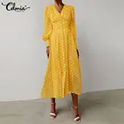 Модное платье-миди Celmia с пышными рукавами, повседневное женское праздничное платье в горошек с V-образным вырезом, романтичные женские элегантные однобортные халаты