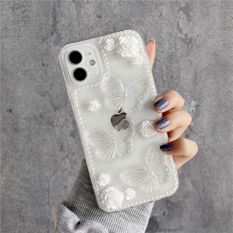 

Qianliyao Cute 3D Rose Pearl Phone Case for iphone 13 11 12 Pro Max X XS Max XR 8 7 plus Se 2020 13promax Glitter Soft TPU Cover
