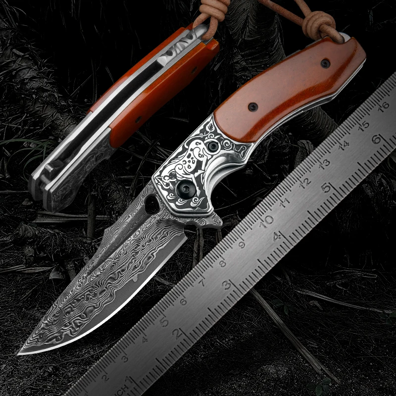 

Japanese Style Handmade Damascus Folding Knife with Leather Sheath Ox Bone Handle EDC Tactical Knives for