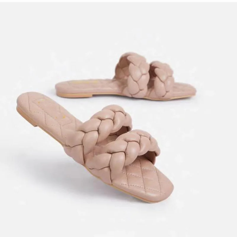 

Summer Elegant Design Women Weave Slippers Flat Footwear Comfortable Quality Leather Outdoor Fashion Slides Casual Shoes Ladies