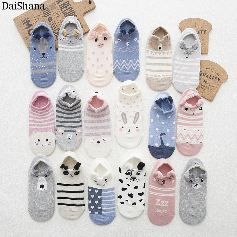 5 Pairs Women Socks Ankle Socks Spring Summer Cartoon Cute Cotton Cat Bear Ear Animal Japanses Style Invisible Boat Socks 35-42