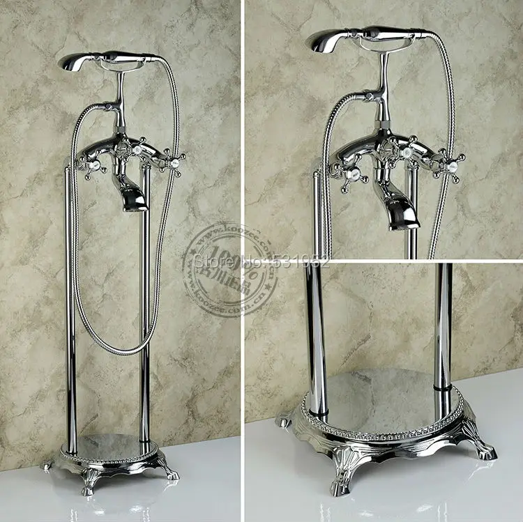 

Free shipping Floor Mounted Chrome Plate Bathtub Faucet Double Handle antique Brass Mixer Tap Bath & Shower Faucets Wholesale