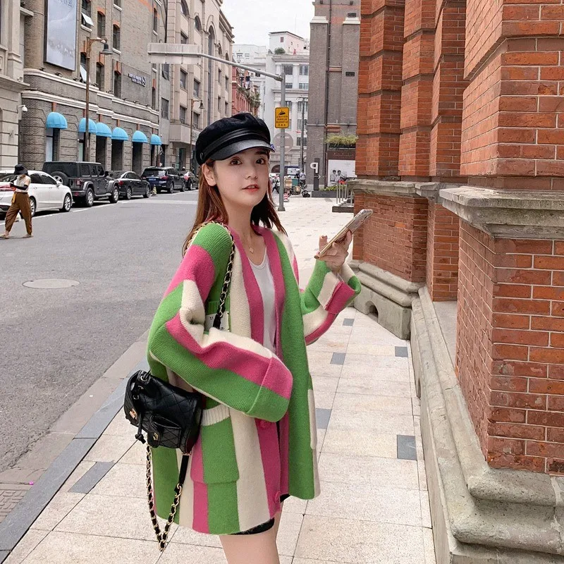 Осенний Повседневный Свободный вязаный кардиган большой размер многоцветный в