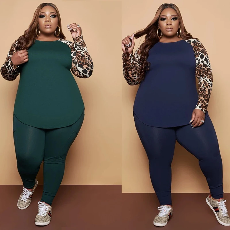 

Plus Size Clothing 2 Piece Sets Womens Outfits Leopard Long Sleeve Tops and Pants Sweatsuit Leggings Set Wholesale Dropshipping